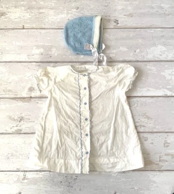 Vintage 1920s Smocked Baby Dress & Handmade Crochet Knit Bonnet Hat Blue White - Image 1 of 4