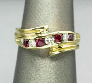 1Ct Lab Created Round Cut Ruby & Diamond 14K Yellow Gold Over Wedding Band Ring - Picture 1 of 5