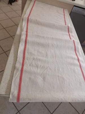 pièce de métis, lin-coton, à liteaux rouge, 6.58 m X 54 cm, ancienne - Photo 1/4