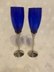 Pair (2) International Silver Cobalt Blue Champagne Flutes Silverplate Stems 10"