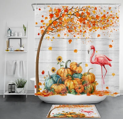 Autumn Pink Flamingo Orange Pumpkin Fall Shower Curtain Bathroom Accessories Set - Image 1 of 4