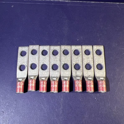 QTY (8) Burndy YA8CL2TC14 8awg Flex, 2-hole Lugs, 1/4” Stud- 5/8 Spacing!! - Image 1 of 4