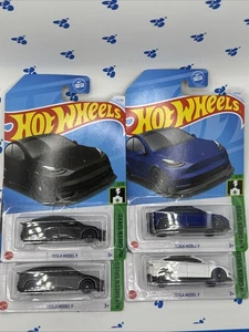 2024-23 Hot Wheels Tesla Model Y Lot Of 4 Variations:Black, Blue, Gray & White - Picture 1 of 5
