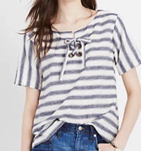 Madewell Linen Blend Navy Blue Striped Lace Up Short Sleeve Top Nautical Sz M - Picture 1 of 4
