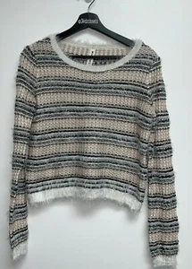 Aeropostale Bethany Mota Womens Fuzzy Knit Sweater Size M Pink Black Gray Stripe - Picture 1 of 5