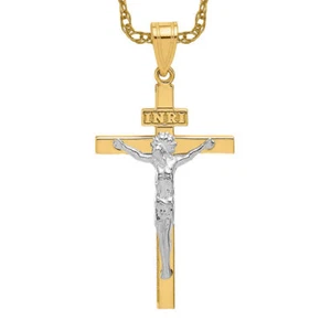 10K Solid Two Tone Gold Inri Jesus Crucifix Cross Necklace - Picture 1 of 12