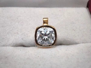 14K Yellow Gold Bezel set Pendant 7 mm Cushion Cut White Moissanite Pendant, - Picture 1 of 10