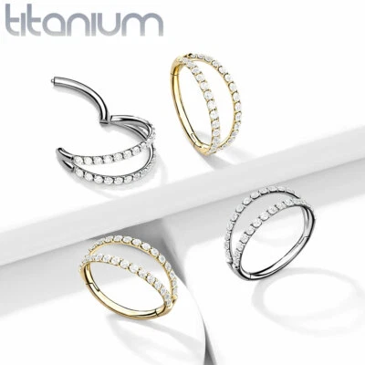Implant Grade Titanium Hinged Segment Hoop Ring W/Double Lined CZ Ear Cartilage - Image 1 of 4