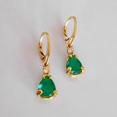 Simulated Pear Emerald & Moissanite Anniversary Hoop Earrings In 10K Yellow Gold - Image 1 of 4