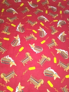 Weiner Doggies Hotdog Buns Dogs Pups on Red FUN Cotton FLANNEL Fabric~2-1/3 yds - Picture 1 of 4