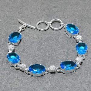 Faceted London Blue Topaz Oval Shape Gemstone Gift Jewelry Bracelet 7-8" SR 2166 - Picture 1 of 7