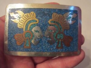SILVER PLATED AZTEC DESIGN BELT BUCKLE WITH TURQUOISE INLAY - GW-15