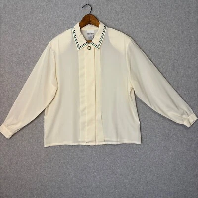 Blusa feminina Koret 16 botões verde marfim azul botão escondido vintage anos 80 - Imagem 1 de 4