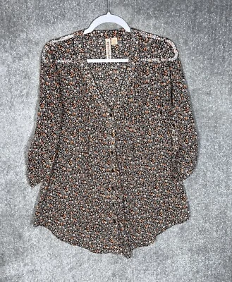 Top de sombra de ojos para mujer talla mediana marrón floral transparente con botones túnica pintucks Foto 1 de 4