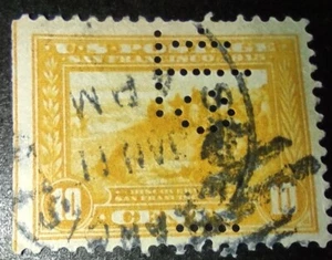 US Stamp Scott #400, 10c, Panama-Pacific, Orange, Perf 12, Used, Perfin VF NH. - Picture 1 of 2