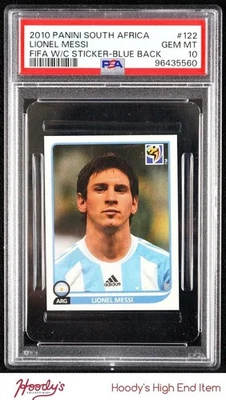 2010 帕尼尼世界杯国际足联贴纸蓝色背面 #122 莱昂内尔·梅西 PSA 10 流行 7 — 第 1/2 张图片