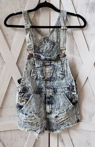 Vintage Acid Wash Distressed Denim Suspender Jeans Shorts Romper Overalls S - Picture 1 of 9