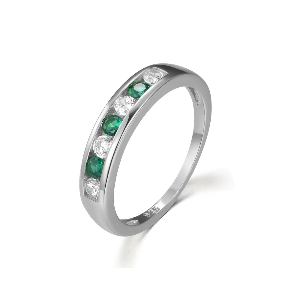 Ladies Solid Sterling 925 Silver Emerald and White Sapphire Eternity Ring Foto 1 de 1