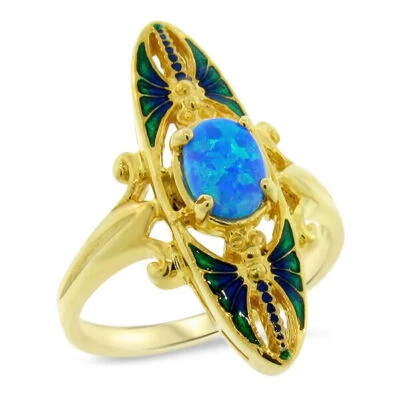 ANILLO ESTILO VICTORIANO PLATA ESTERLINA 925 AZUL ÓPALO Y ESMALTE CREADO EN LABORATORIO #999 Foto 1 de 3