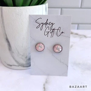 Silver Chunky Flecks & Light Pink Statement Teacher Circle 12mm stud earrings - Picture 1 of 1