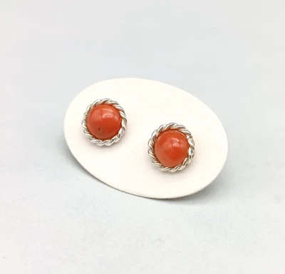 orecchini donna vero corallo rosso di Sardegna bottone argento a lobo - Immagine 1 di 4