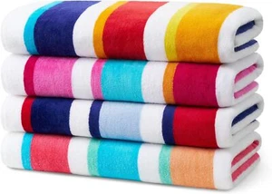 4-Pack 32x62 Velour Stripe Beach Towels, Soft Absorbent Cotton, Multicolor - Picture 1 of 6