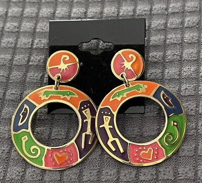 Винтажные золотистые разноцветные эмалированные племенные серьги-кольца Berebi юго-запад - Изображение 1 из 4