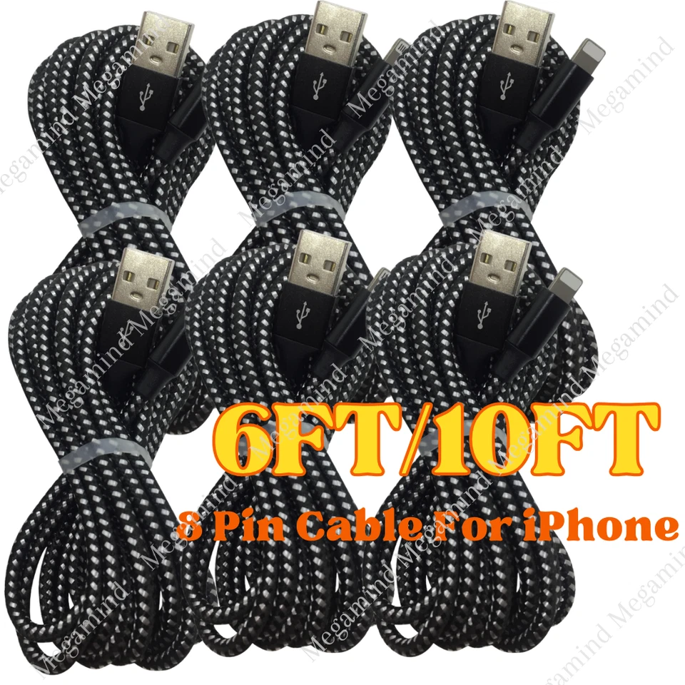 Cable de carga rápida de alta resistencia cable de carga de 6/10 pies para iPhone 14 13 12 11 XR 8 7 Foto 1 de 4