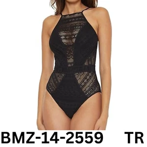 BECCA Women's Standard Color Play Crochet One Piece Swimsuit, High Neck, Black S - Picture 1 of 8