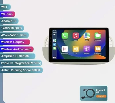 P1L Wireless CarPlay Android AutoRadio per FIAT 500 (2007-2014) Colore Bianco - Immagine 1 di 4