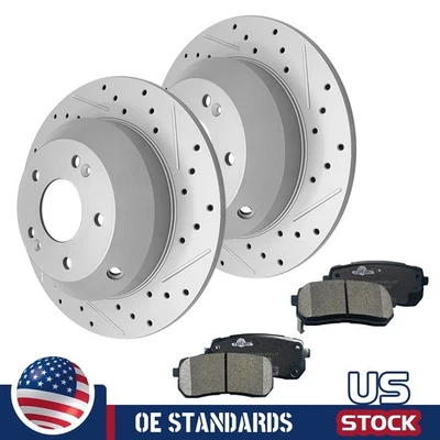 For 2015 2016 2017 - 2020 Kia Sedona Rear Drilled Disc Rotors Ceramic Brake Pads - Image 1 of 4