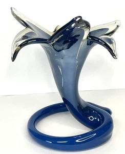 Vase italien vintage en verre soufflé à la main style Murano bleu cobalt 8,5" - Photo 1/15