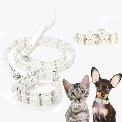 Juego de collar y correa de perro de perlas de lujo, rosa con pedrería de cristal, doble... Foto 1 de 4