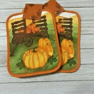 Pumpkins Wagon Fall Harvest Decorative Pot Holder 2 Piece Set - Imagen 1 de 2
