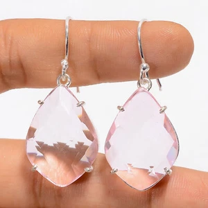 Lab Created Pink Amethyst Gemstone 925 Silver Handmade Earrings 1.6" ARE-4898 - Picture 1 of 3