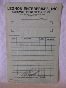 Legnon Enterprises Cypremort Point Supply House, Franklin LA 1970's Invoice - Picture 1 of 3