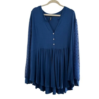Top túnica Allegra K talla grande 4X panel de encaje azul cuello en V botón boho a Foto 1 de 4