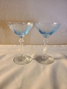 Vtg Fostoria June Azure Blue Etched Glass Champagne Sherbet Glasses 5" Set of 2 - Picture 1 of 6