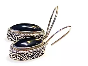 Vintage Sterling Silver Earrings 925 Onyx Hoop 10.58g - Picture 1 of 6