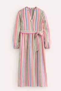 BODEN LINEN MAXI NOTCH NECK DRESS POP PANSY MULTISTRIPE SIZE 8 NEW WITH TAGS ON - Picture 1 of 20