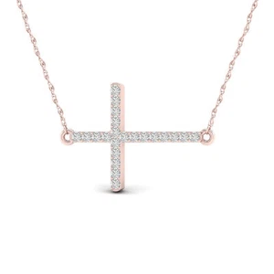 10k Rose Gold 0.06ct Diamond Sideways Cross Pendant Necklace 18", H-I I2 - Picture 1 of 5