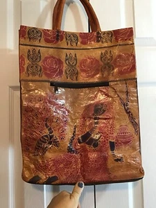 Handmade Indian Tooled Leather Tote Bag Embossed On Sides Woman And Peacock - Picture 1 of 10