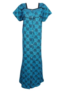 Black,Blue Maxi Kaftan Printed Cotton Cap Sleeves Nightgown Housedress Caftan L