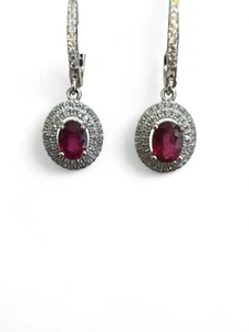 Silver Oval drop Red Ruby Halo Cubic Zirconia earrings S925 - Picture 1 of 4