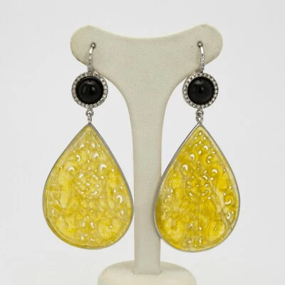 ORECCHINI IN ARGENTO 925 CON PENDOLI DI GIADA GIALLA ONICE E ZIRCONI AGHT 0399 - Immagine 1 di 3