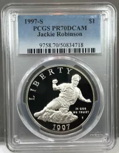 1997-S $1 Jackie Robinson Commemorative PROOF Silver Dollar PCGS PR70 DCAM - Picture 1 of 2