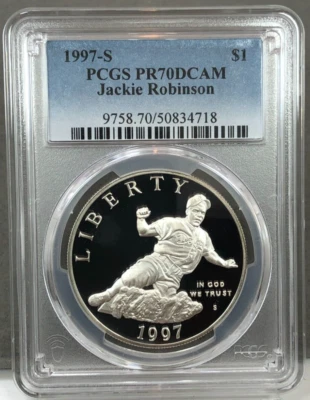 1997-S $1 Jackie Robinson Commemorative PROOF Silver Dollar PCGS PR70 DCAM - Image 1 of 2