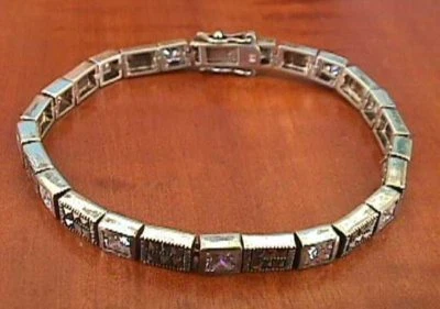 Pulseira de tênis Marcasites com zircônia cúbica CZ prata esterlina 925 Link - Imagem 1 de 3