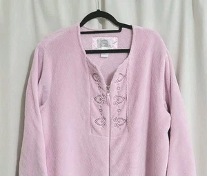 Bata de felpa Oscar De La Renta abrigo de casa rosa con cremallera talla L/LG bordada - Imagen 1 de 8
