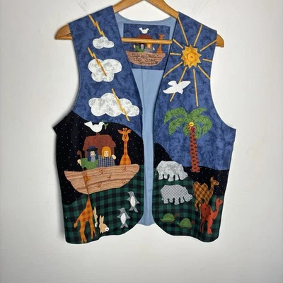 Vintage Handmade Vest XL Cotton Reverse Open Style Animals Noahs Ark Bible 1998 - Image 1 of 4